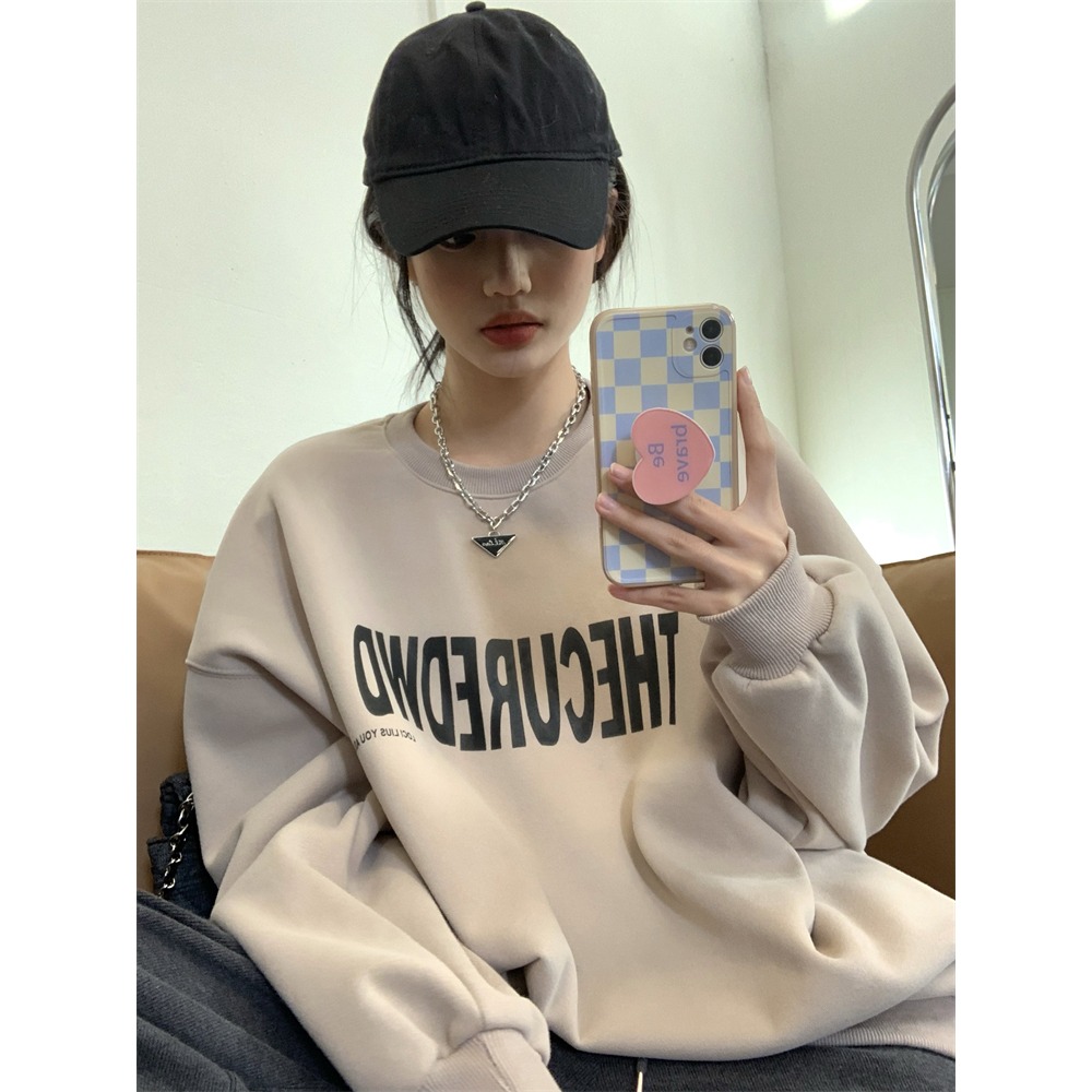 美式復古情侶加絨衛衣女早春季年新款慵懶風寬松套頭長袖上衣-細節圖5