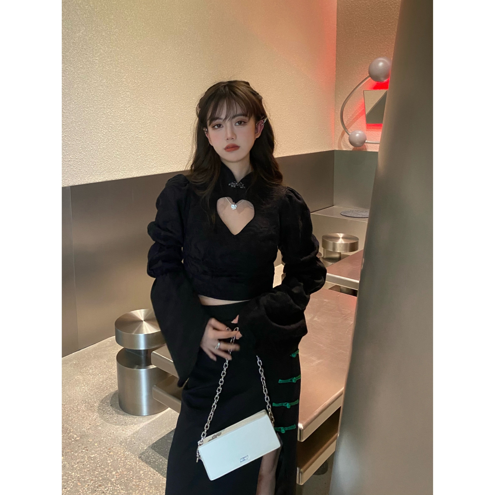 甜辣改良旗袍套裝女泡泡袖襯衫開叉包臀半身裙春季時尚氣質兩件套-細節圖2