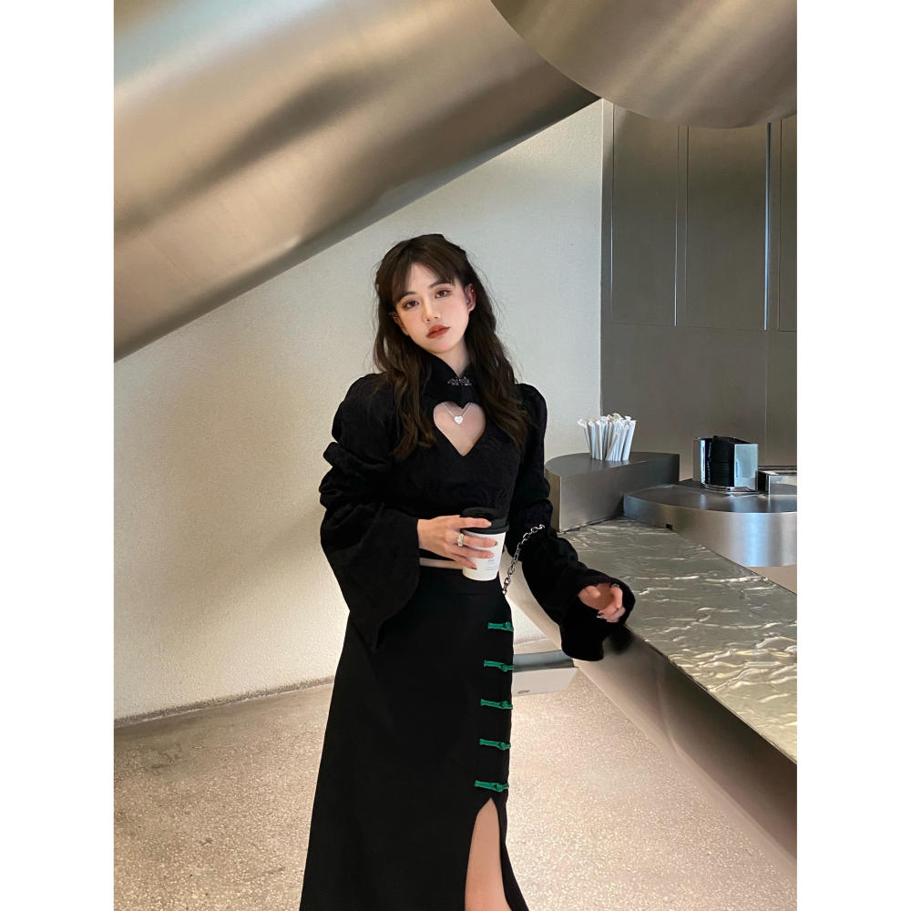 甜辣改良旗袍套裝女泡泡袖襯衫開叉包臀半身裙春季時尚氣質兩件套-細節圖3