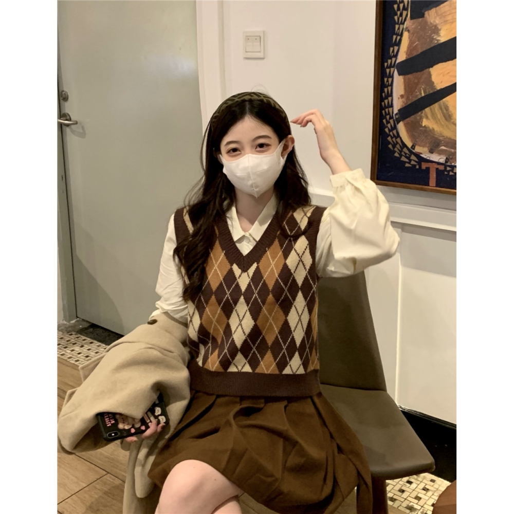 學院風套裝女襯衫上衣菱格針織馬甲背心春季百褶半身裙減齡三件套-細節圖2