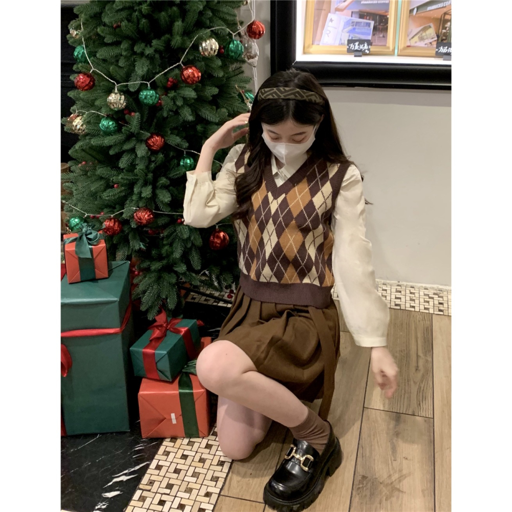 學院風套裝女襯衫上衣菱格針織馬甲背心春季百褶半身裙減齡三件套-細節圖3