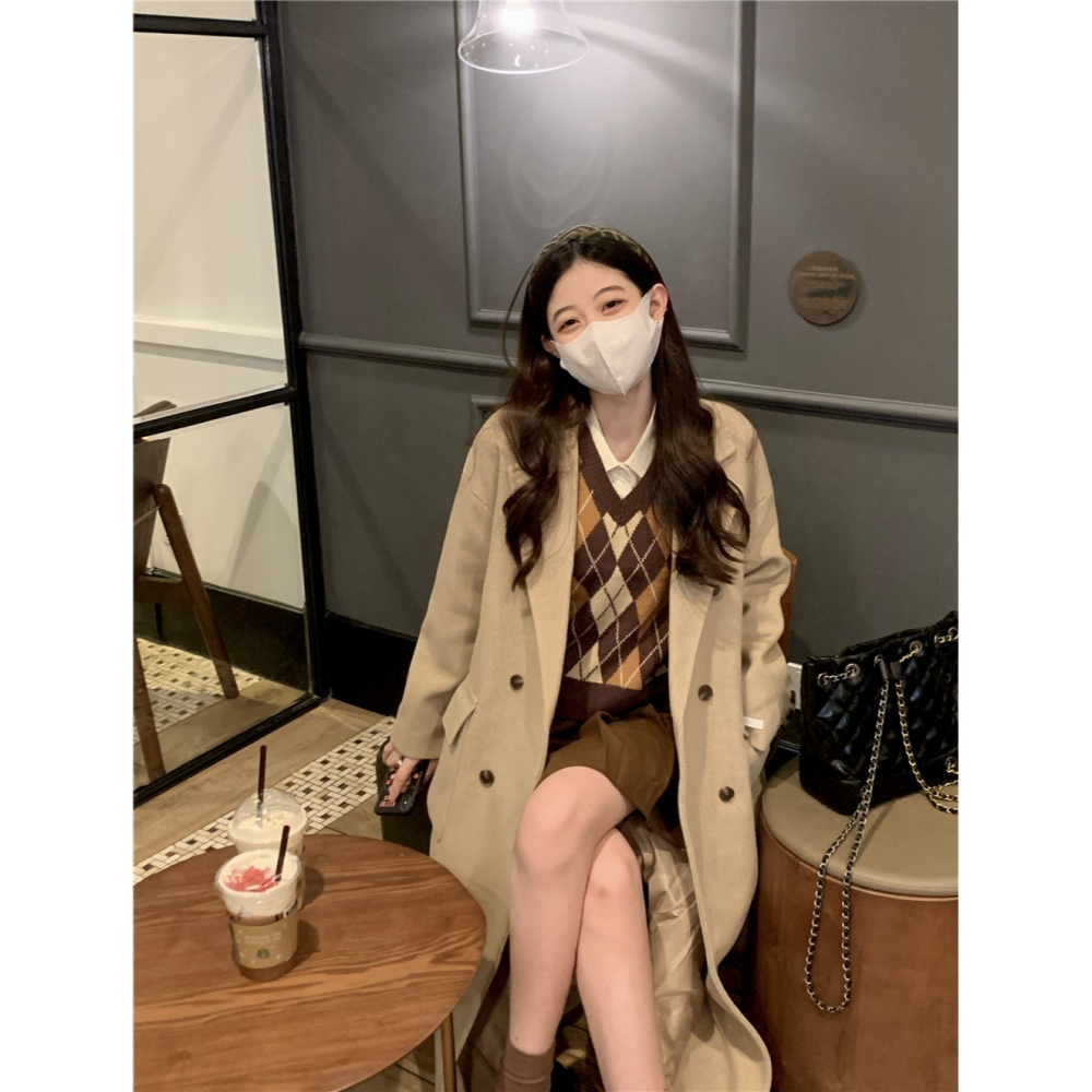 學院風套裝女襯衫上衣菱格針織馬甲背心春季百褶半身裙減齡三件套-細節圖4