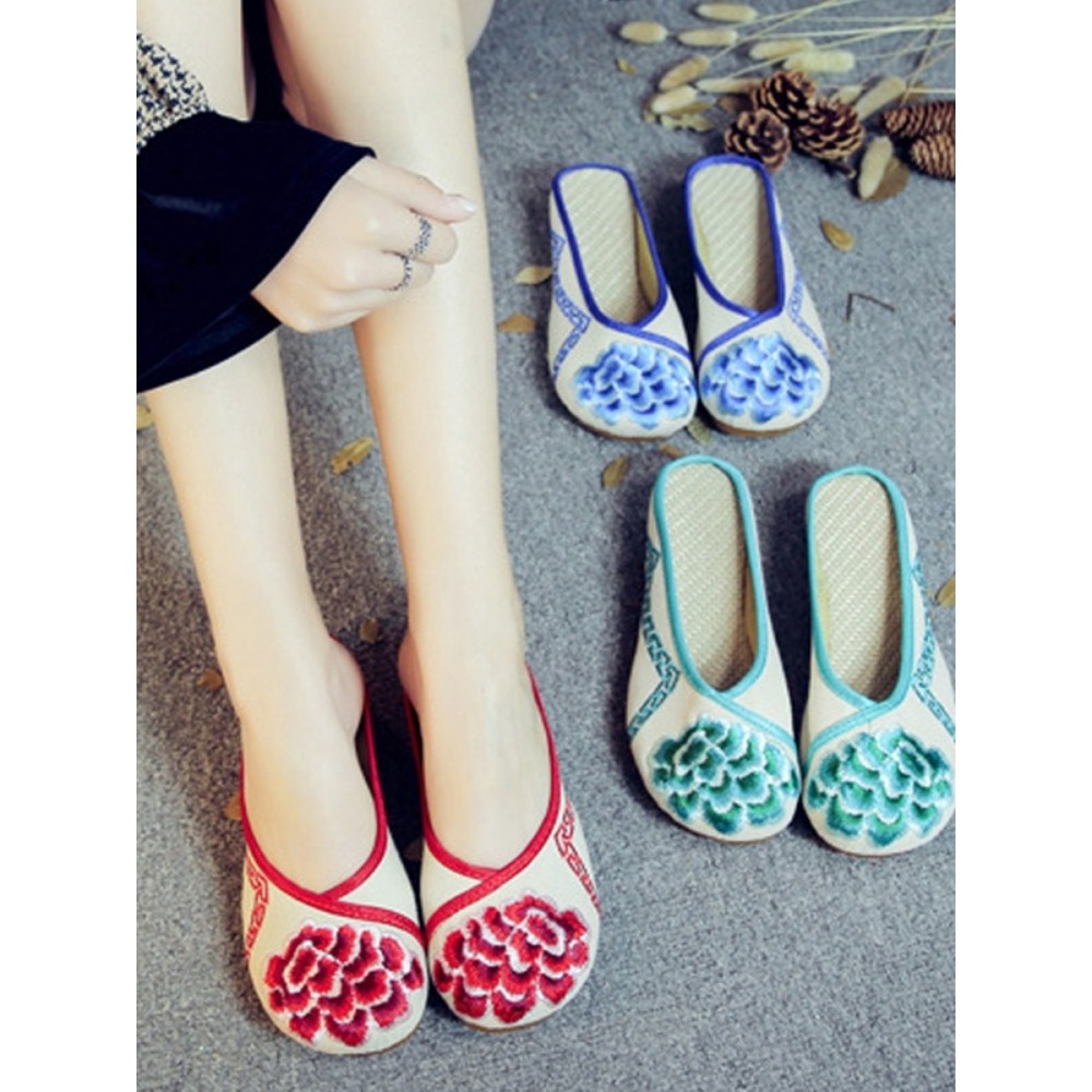 新款【】 低跟帆布刺繡花朵 布藝女士夏季涼 布 繡花2-細節圖3