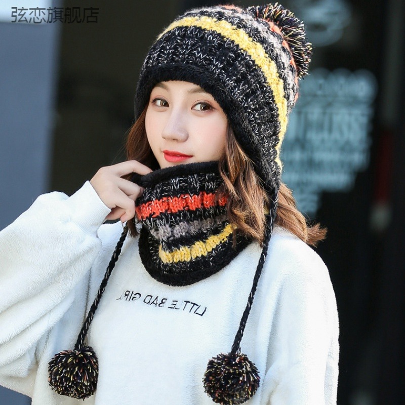 毛線帽子女冬天韓版甜美可愛針織秋冬季街頭加厚護耳帽圍巾脖套-細節圖2