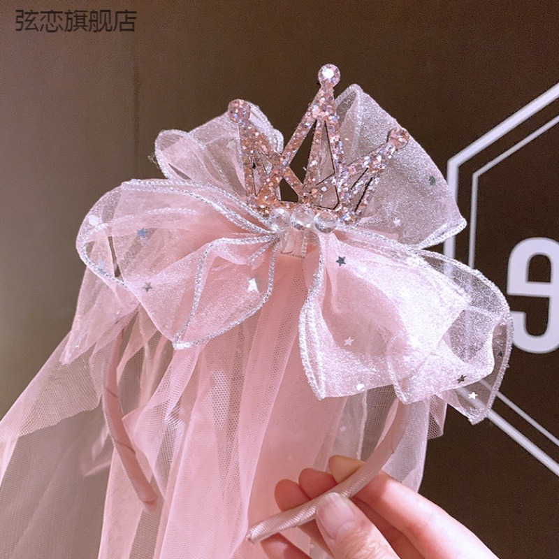 韓版立體亮片皇冠發箍兒童生日派對蝴蝶結頭紗發飾拍照婚禮頭紗-細節圖4
