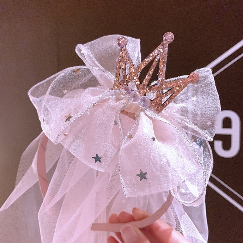 韓版立體亮片皇冠發箍兒童生日派對蝴蝶結頭紗發飾拍照婚禮頭紗-細節圖5