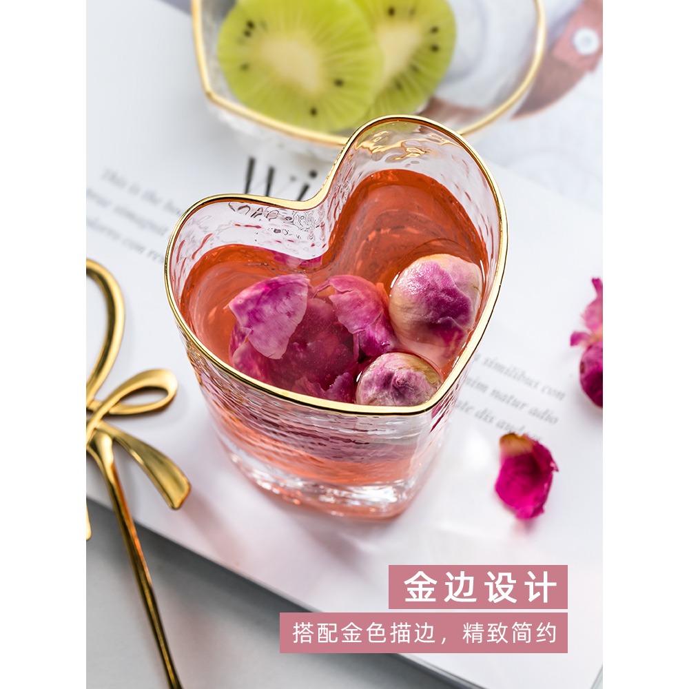 透明玻璃杯家用金邊水杯ins風杯子女錘紋杯簡約清新森繫心形茶杯-細節圖3