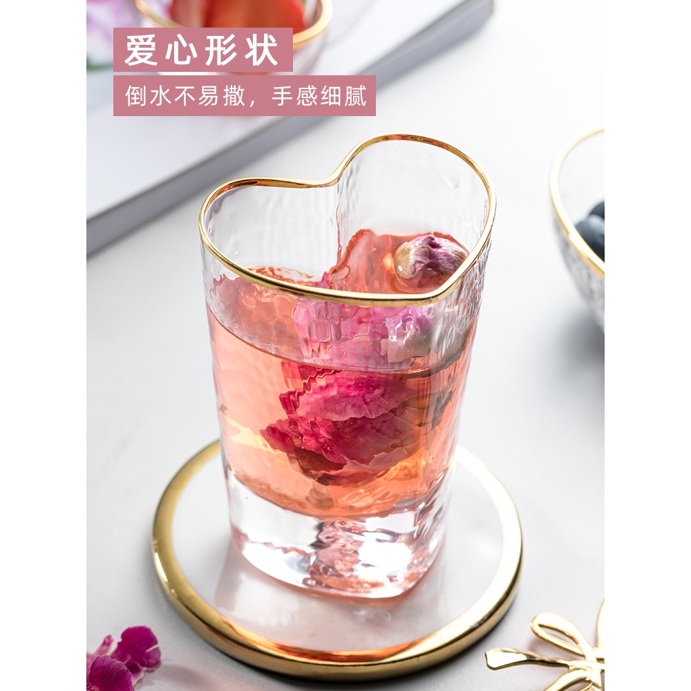 透明玻璃杯家用金邊水杯ins風杯子女錘紋杯簡約清新森繫心形茶杯-細節圖4