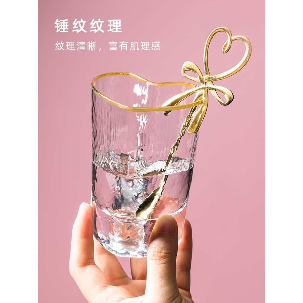 透明玻璃杯家用金邊水杯ins風杯子女錘紋杯簡約清新森繫心形茶杯-細節圖5