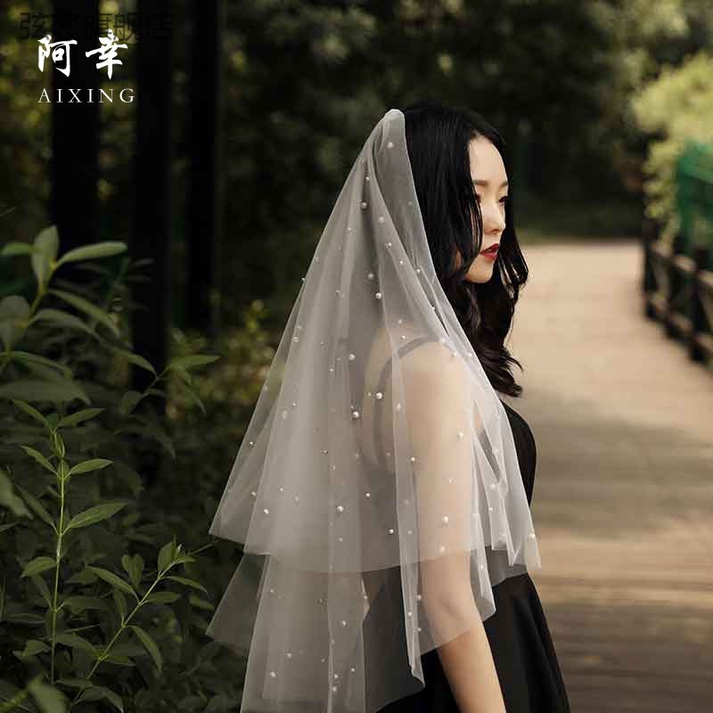 時尚單身派對新娘婚禮15珍珠頭紗歐美新娘婚紗禮服配飾短款頭紗-細節圖2
