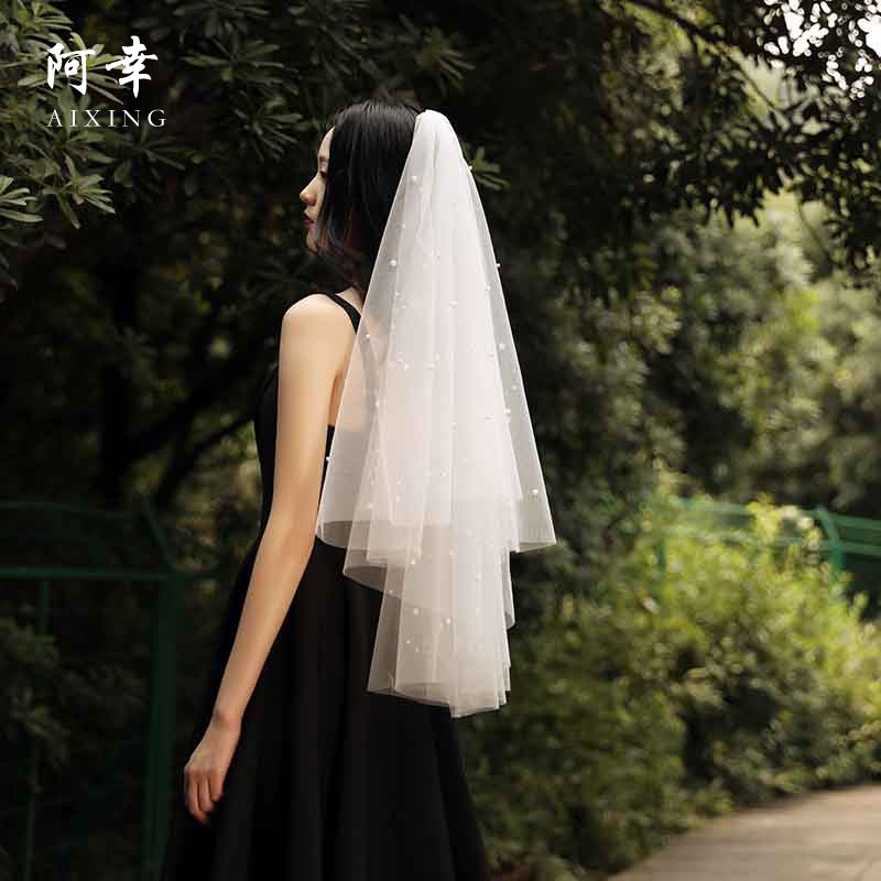 時尚單身派對新娘婚禮15珍珠頭紗歐美新娘婚紗禮服配飾短款頭紗-細節圖3