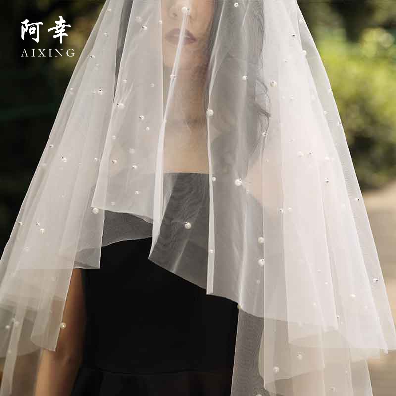 時尚單身派對新娘婚禮15珍珠頭紗歐美新娘婚紗禮服配飾短款頭紗-細節圖4