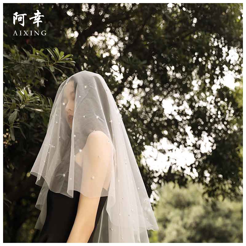 時尚單身派對新娘婚禮15珍珠頭紗歐美新娘婚紗禮服配飾短款頭紗-細節圖5
