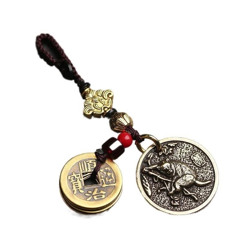 新款新款純銅鑰匙扣十二生肖銅牌五帝錢包掛小掛件手工平結吉祥汽-細節圖5