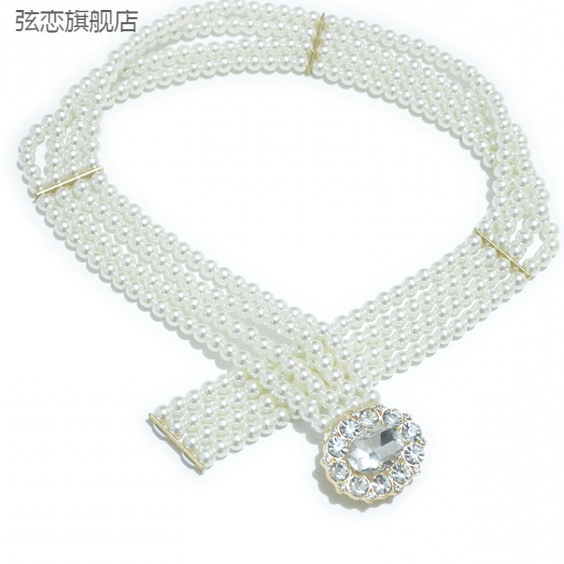 淘寶熱賣新款女士珍珠寬腰帶 女甜美氣質珍珠彈力寬腰鏈-細節圖3