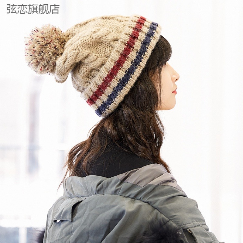 帽子女士秋冬韓版條紋毛線帽加厚加絨球球套頭帽戶外麻花紋針織-細節圖2