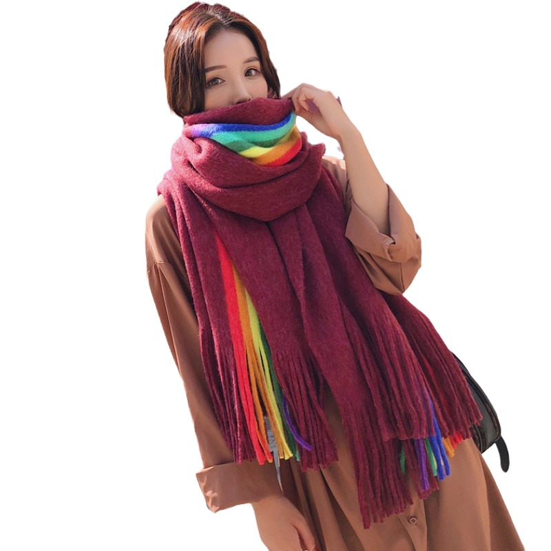 韓版彩虹條紋圍巾女秋冬季加厚仿羊絨披肩毛線學生小清新圍脖-細節圖5