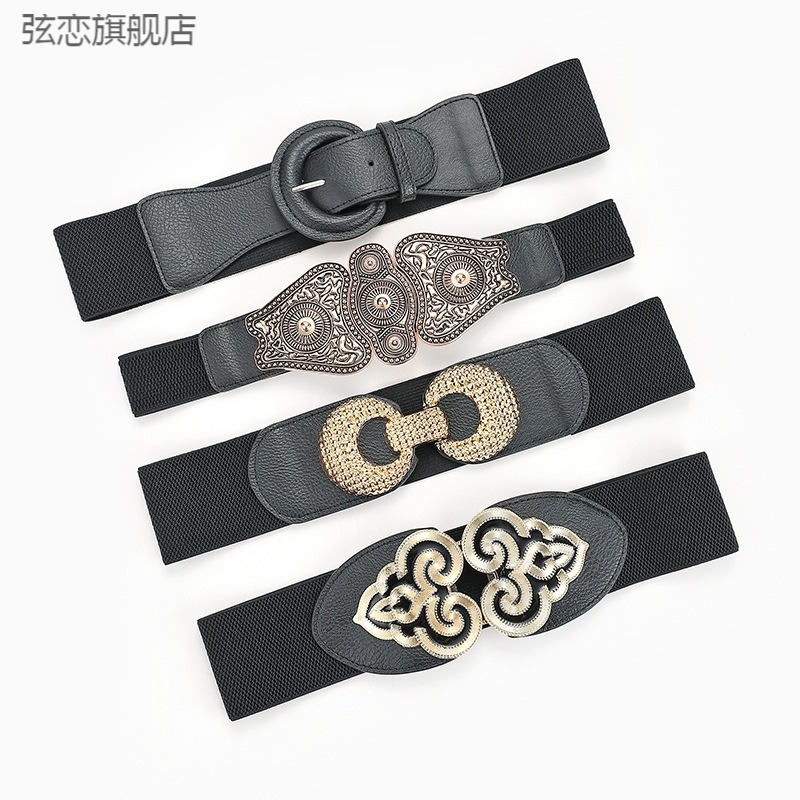 時尚女士寬腰封復古宮廷雕花對扣組合款裝飾松緊彈力腰帶現貨-細節圖2