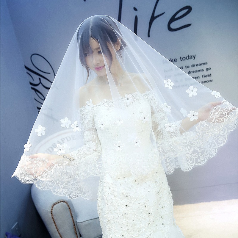 創意新娘頭紗婚紗新款韓式頭紗超長3米婚禮頭紗花朵蕾絲-細節圖3