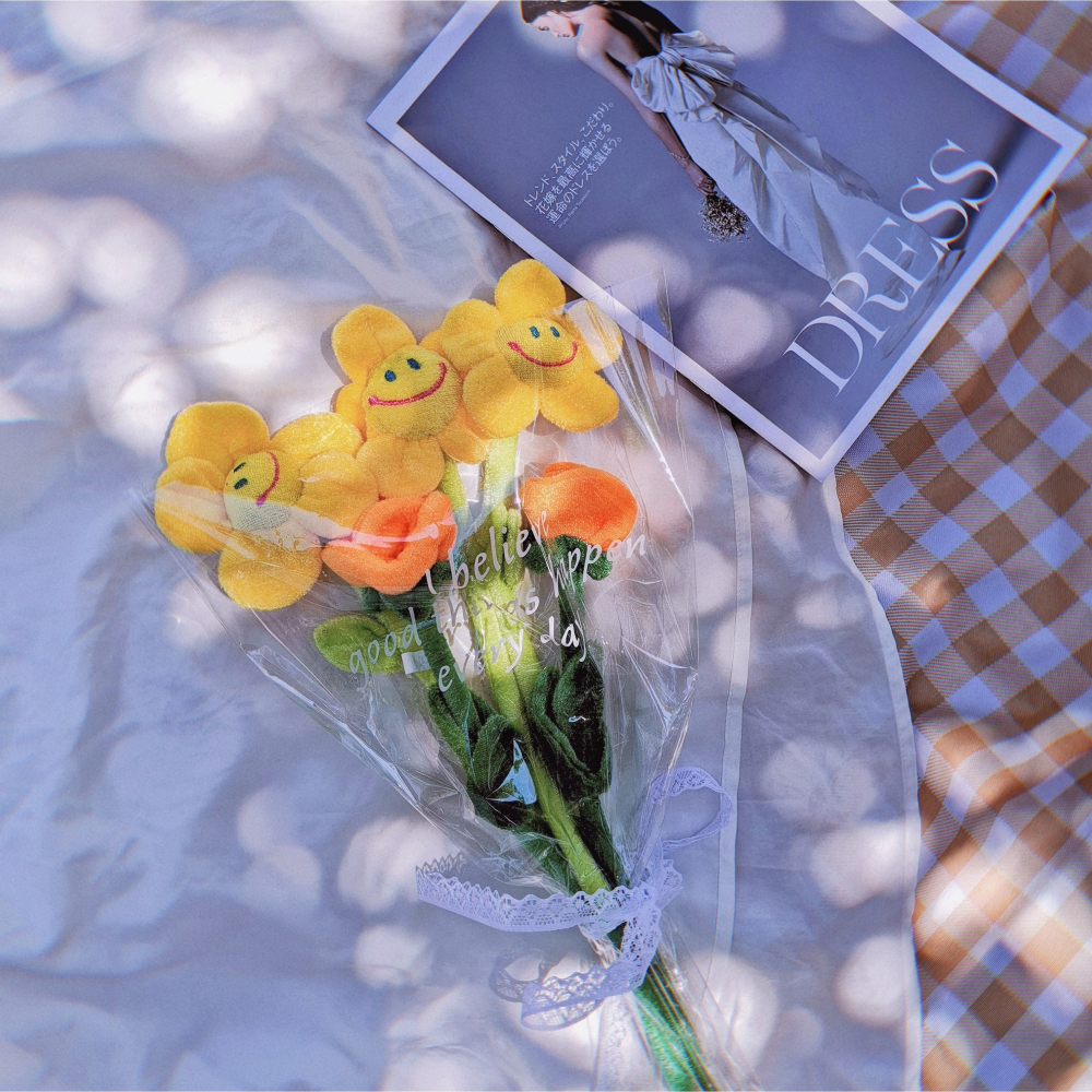 笑臉毛絨太陽花仿真花束玫瑰假花房間裝飾擺件少女心禮物拍照道具-細節圖6