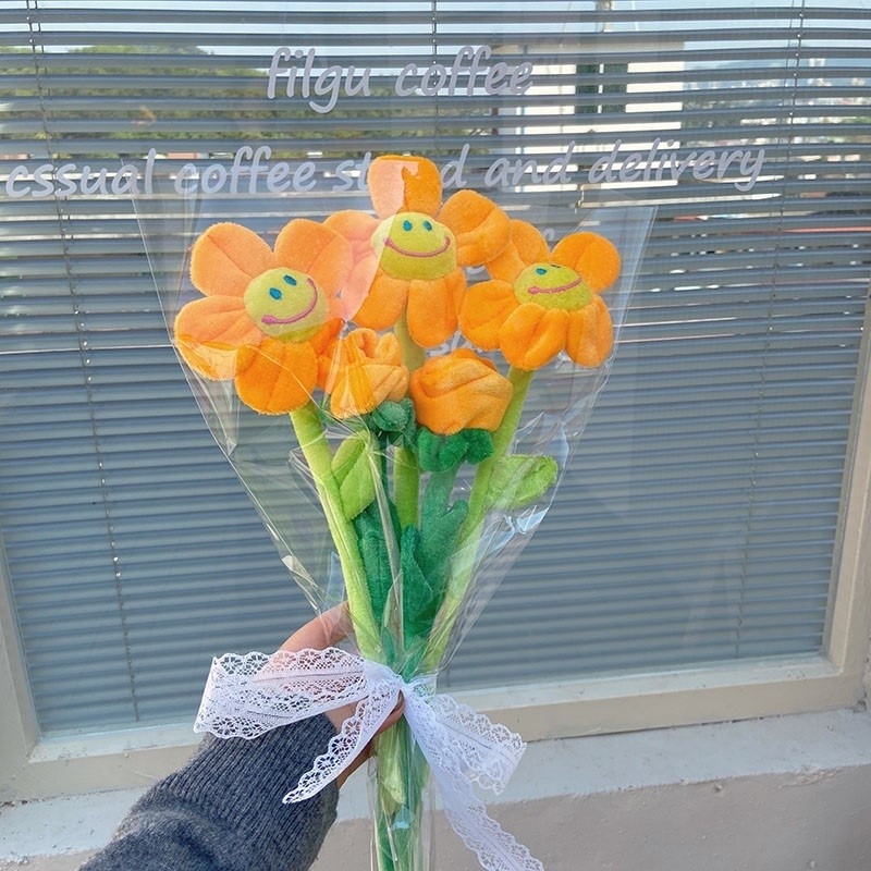 笑臉毛絨太陽花仿真花束玫瑰假花房間裝飾擺件少女心禮物拍照道具-細節圖9