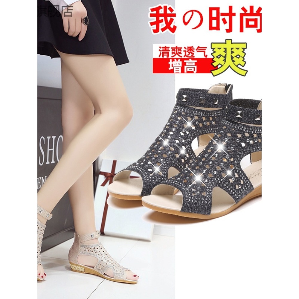 新款大碼平跟魚嘴高幫羅馬涼鞋女後拉鏈平底防滑水鉆鉚釘女鞋2-細節圖2