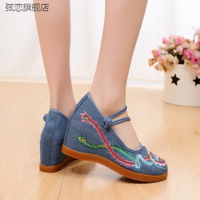 新 20 鳳南飛 民族風雙扣帆布 7釐米女鞋新娘高跟鞋潮流-細節圖3