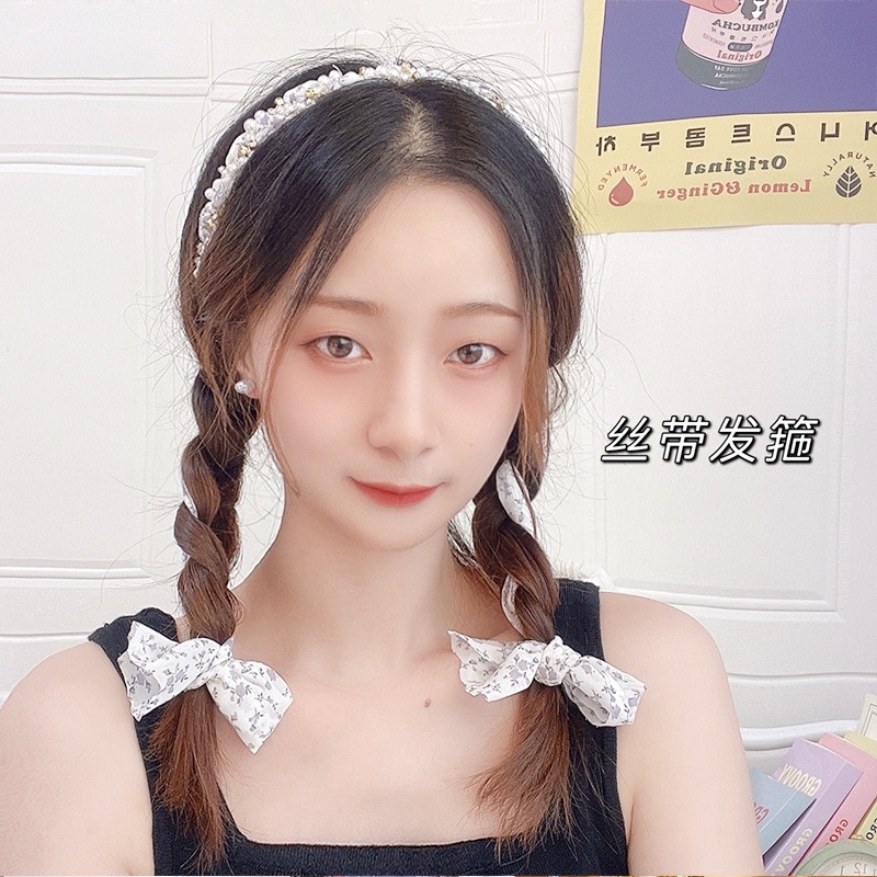 碎花發箍帶飄帶夏季薄款法式頭箍絲巾發帶女綁發絲帶發卡仙女發飾-細節圖3