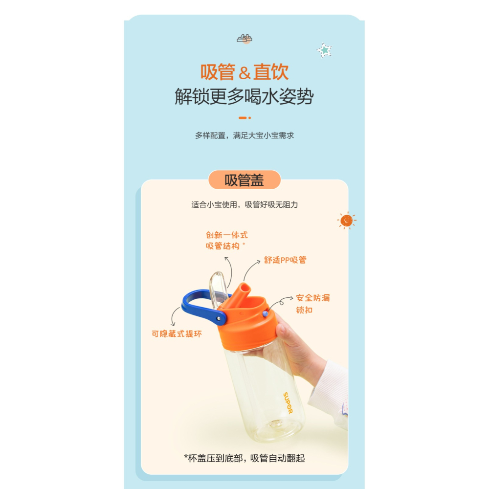 蘇泊爾水杯夏天兒童480ml大容量便攜吸管運動杯子塑料防摔耐高溫-細節圖8