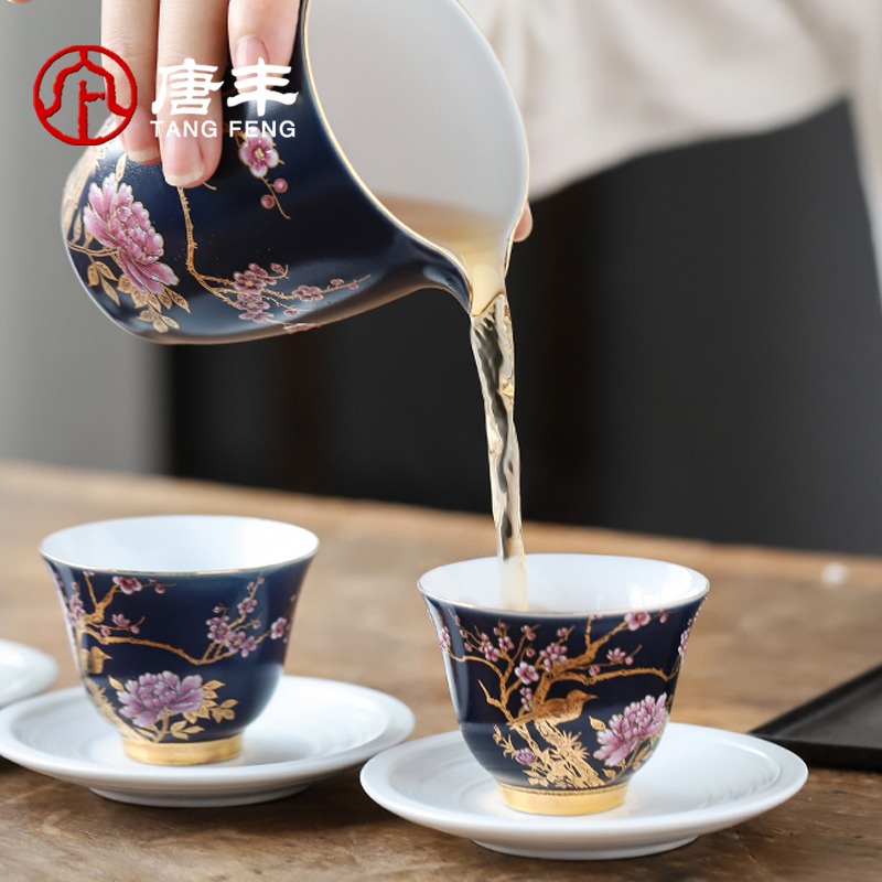 唐豐霽藍描金小茶杯家用單個主人杯創意個性金雀功夫茶品茗杯陶瓷-細節圖3