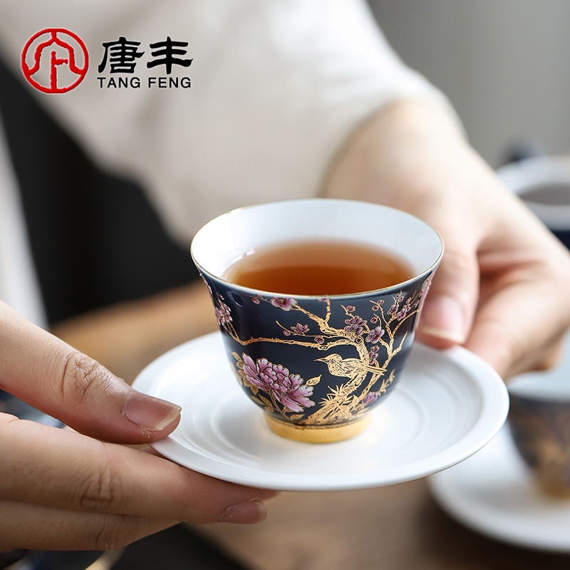 唐豐霽藍描金小茶杯家用單個主人杯創意個性金雀功夫茶品茗杯陶瓷-細節圖4