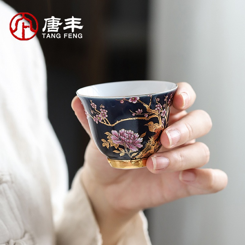 唐豐霽藍描金小茶杯家用單個主人杯創意個性金雀功夫茶品茗杯陶瓷-細節圖5