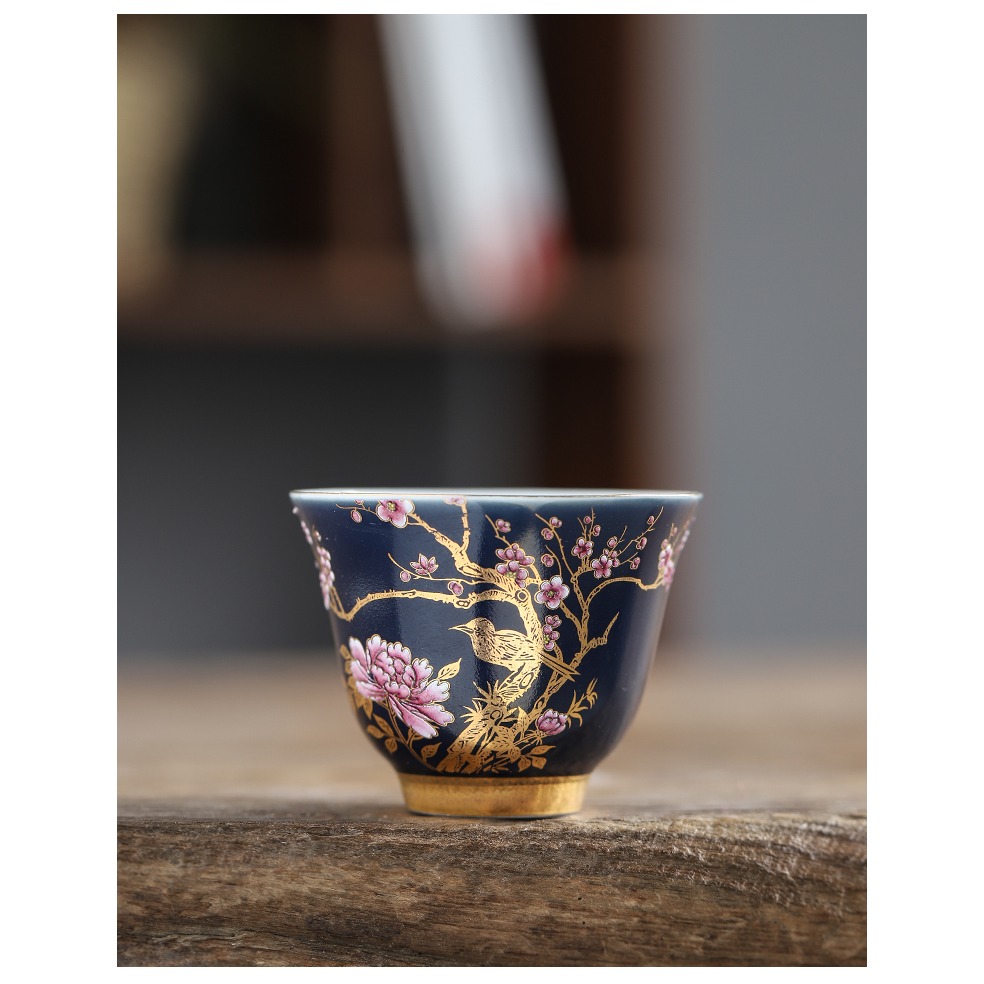 唐豐霽藍描金小茶杯家用單個主人杯創意個性金雀功夫茶品茗杯陶瓷-細節圖10