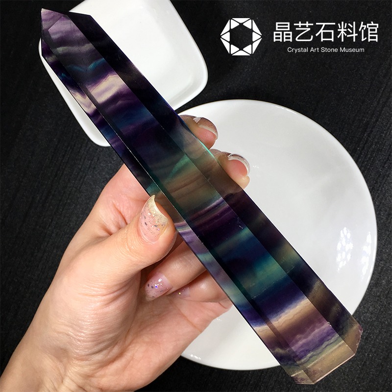 天然七彩螢石原石擺件六棱水晶柱擺件 原礦物標本水晶能量擺件-細節圖2