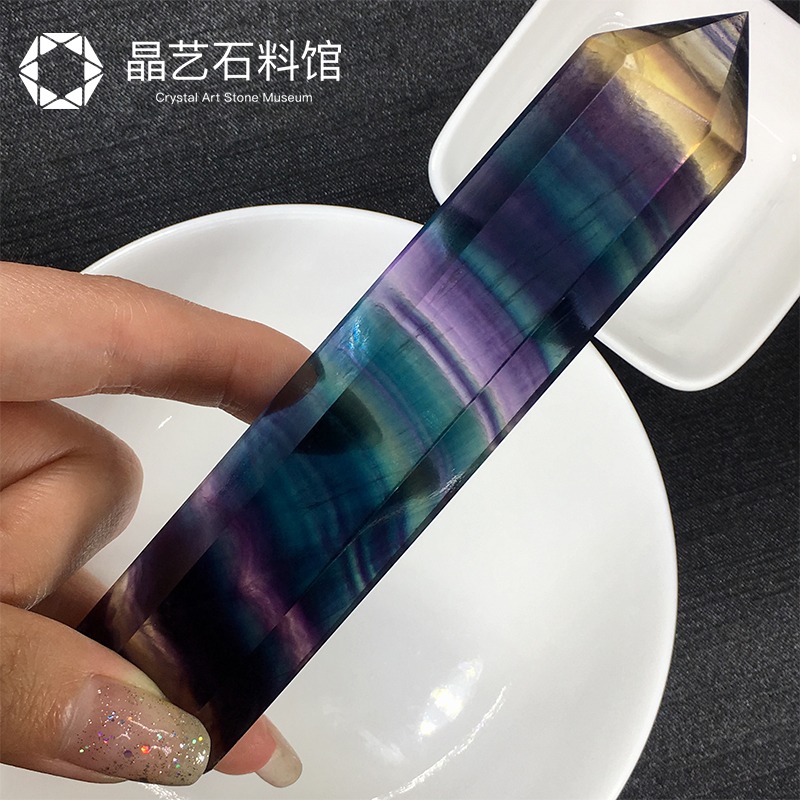 天然七彩螢石原石擺件六棱水晶柱擺件 原礦物標本水晶能量擺件-細節圖3