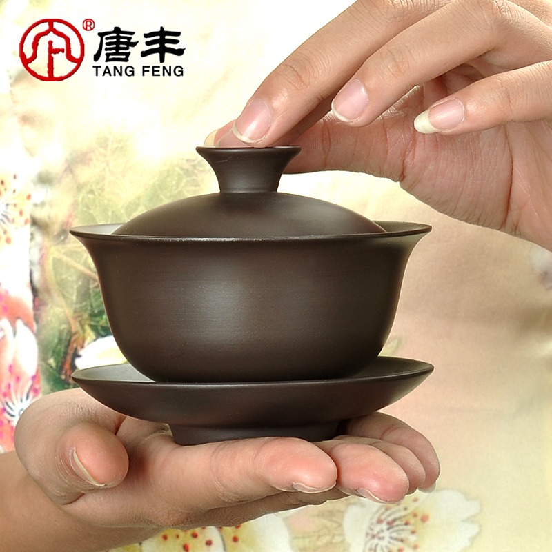唐豐紫砂茶碗大號茶杯碗杯防燙三炮臺蓋子復古泡茶家用配件蓋碗Z-細節圖5