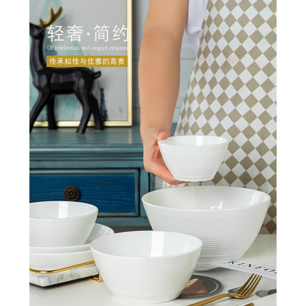 景德鎮餐具多個裝純白骨瓷飯碗套裝創意螺紋碗家用陶瓷麪碗高溫瓷-細節圖6