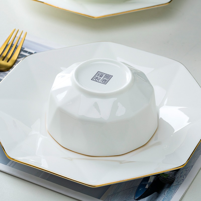 景德鎮骨瓷餐具10個裝金邊碗套裝創意八角碗家用喫飯碗麪碗陶瓷碗-細節圖3