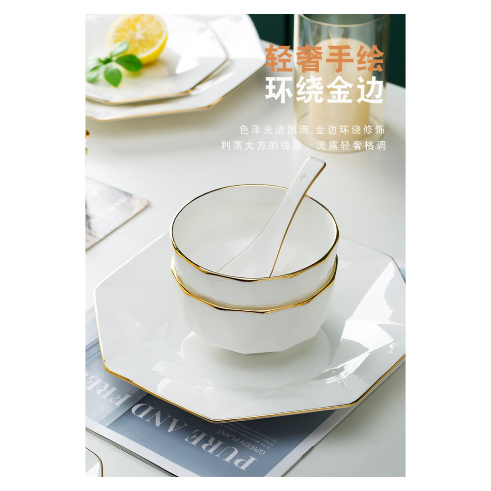 景德鎮骨瓷餐具10個裝金邊碗套裝創意八角碗家用喫飯碗麪碗陶瓷碗-細節圖8