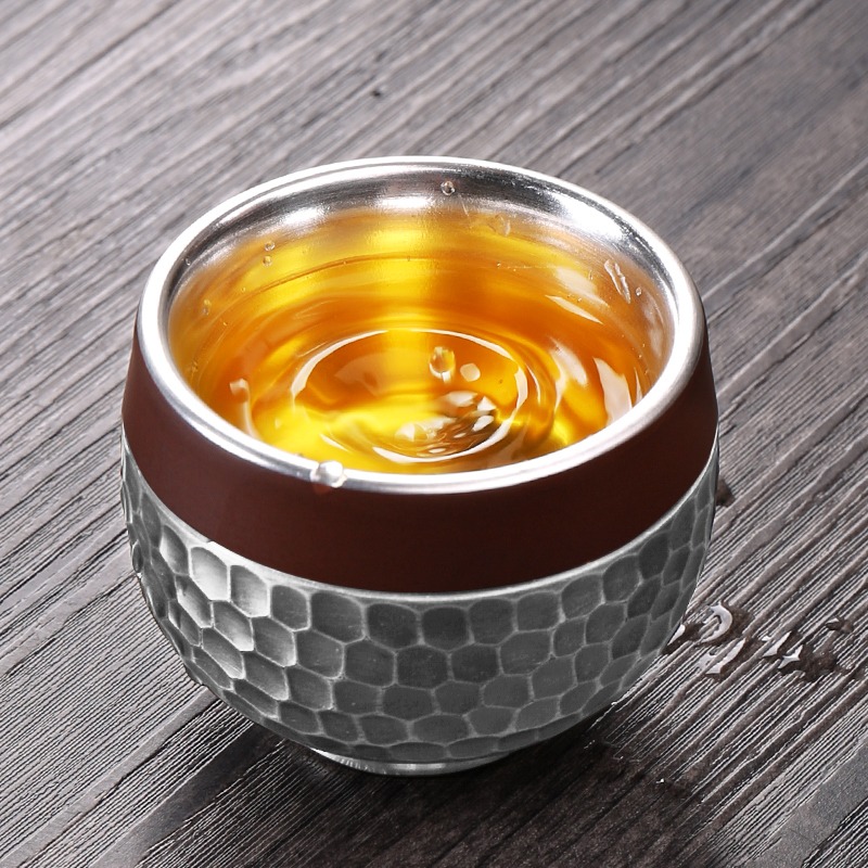 唐豐 紫砂復古銀茶杯家用鎏銀個人杯陶瓷主人杯禮品盒錘紋小茶碗S-細節圖3