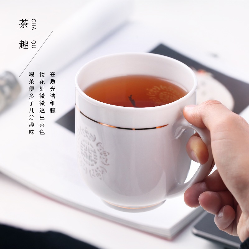 景德鎮陶瓷茶杯帶蓋新骨瓷玲瓏描金辦公會議商務杯高檔可定製LOGO-細節圖3