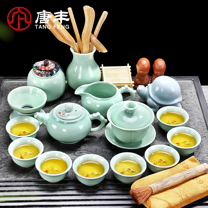 唐豐茶具套裝汝窯開片可養家用功夫青瓷浮雕茶杯陶瓷簡約現代Z-細節圖3