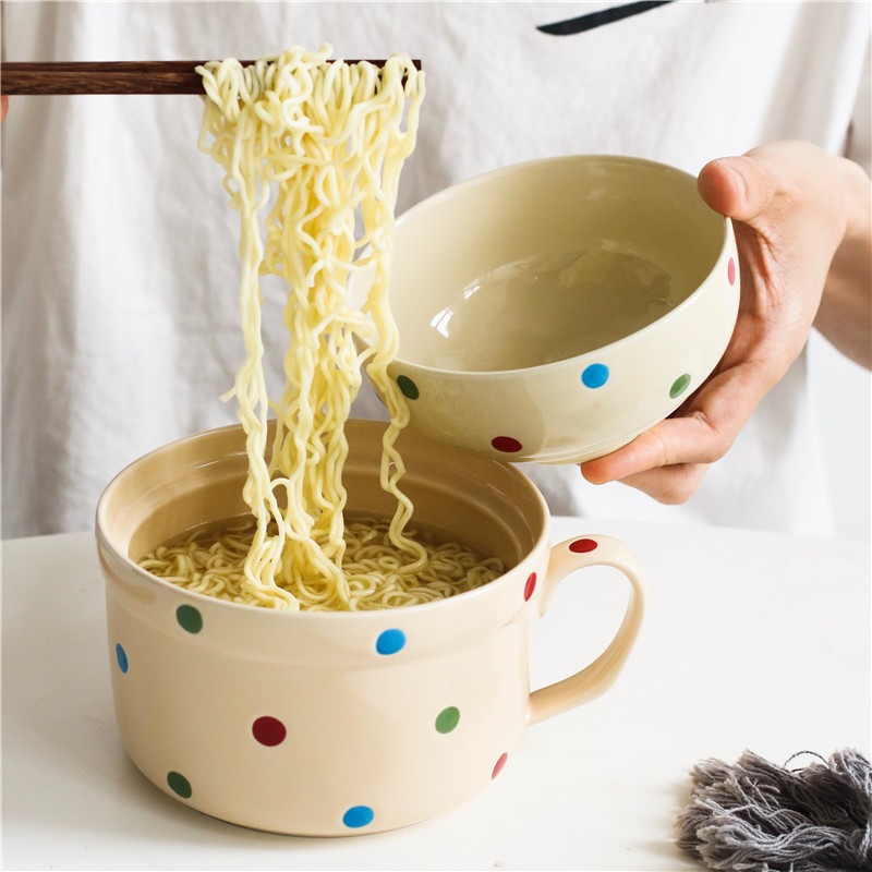 美式波點大號泡麪碗陶瓷碗早餐碗學生打飯碗宿舍喫麪碗帶蓋碗-細節圖2