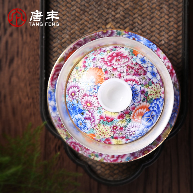 唐豐鎏銀蓋碗三才碗立體琺瑯彩茶碗陶瓷泡茶杯鐵觀音普洱190007z-細節圖3