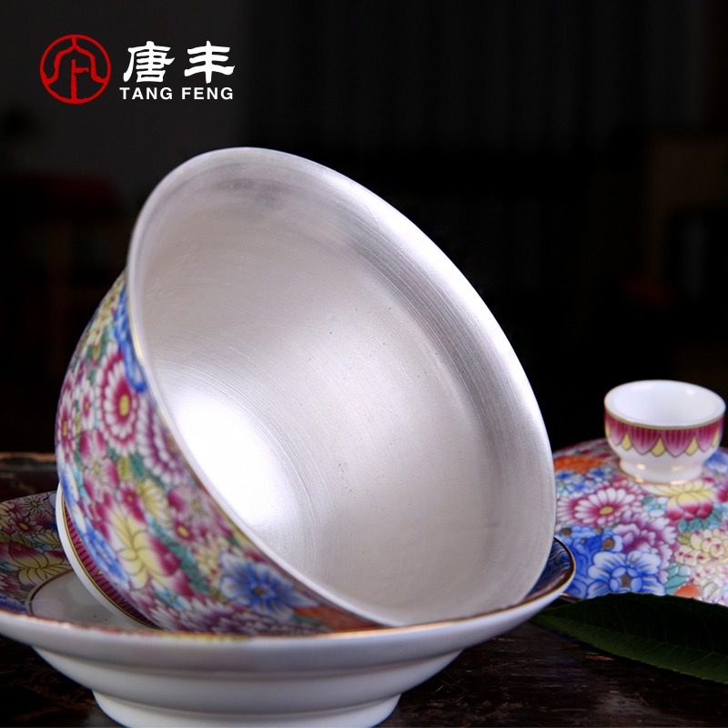 唐豐鎏銀蓋碗三才碗立體琺瑯彩茶碗陶瓷泡茶杯鐵觀音普洱190007z-細節圖4