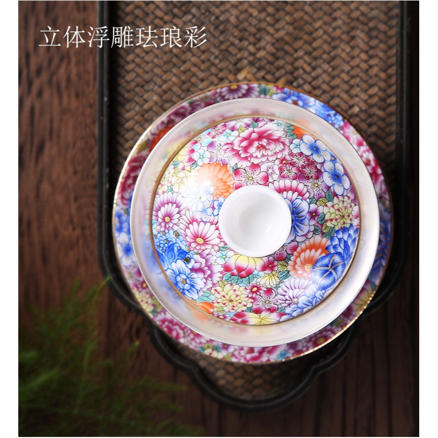 唐豐鎏銀蓋碗三才碗立體琺瑯彩茶碗陶瓷泡茶杯鐵觀音普洱190007z-細節圖8