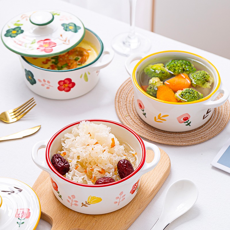 雙耳碗單個蒸蛋碗創意瓷碗家用宿舍學生碗帶蓋陶瓷碗泡麪碗烤箱碗-細節圖2