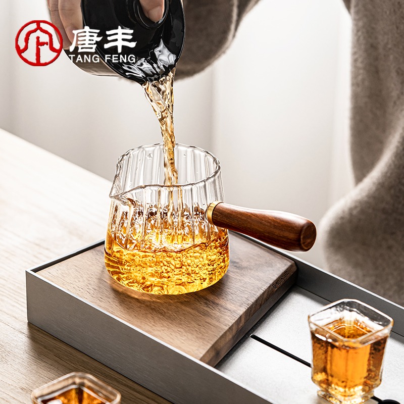 公道杯玻璃實木側把防燙貪心杯家用透明大容量功夫茶海簡約分茶器-細節圖3