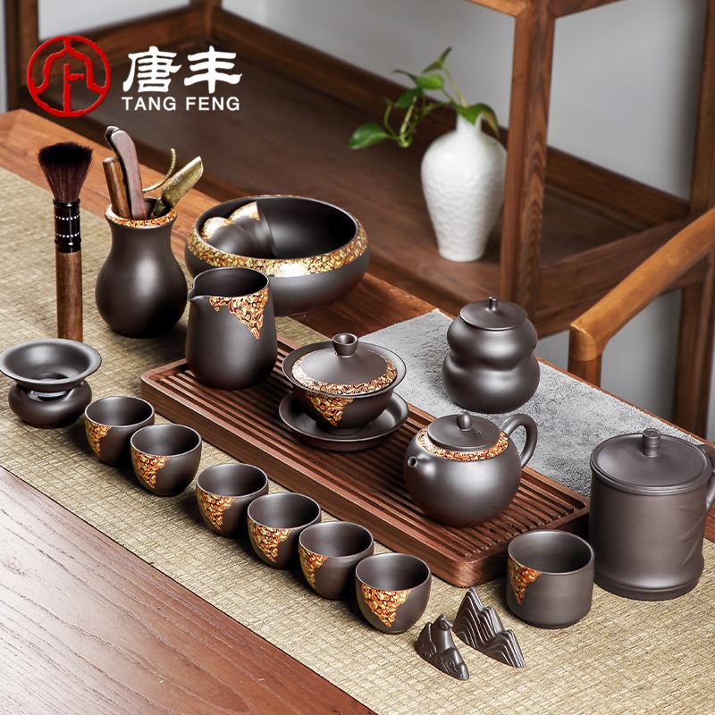 唐豐黑泥紫砂大漆功夫茶具家用簡約泡茶壺茶杯辦公會客整套禮盒裝-細節圖3