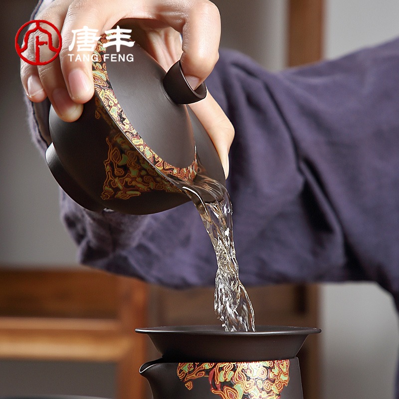 唐豐黑泥紫砂大漆功夫茶具家用簡約泡茶壺茶杯辦公會客整套禮盒裝-細節圖5